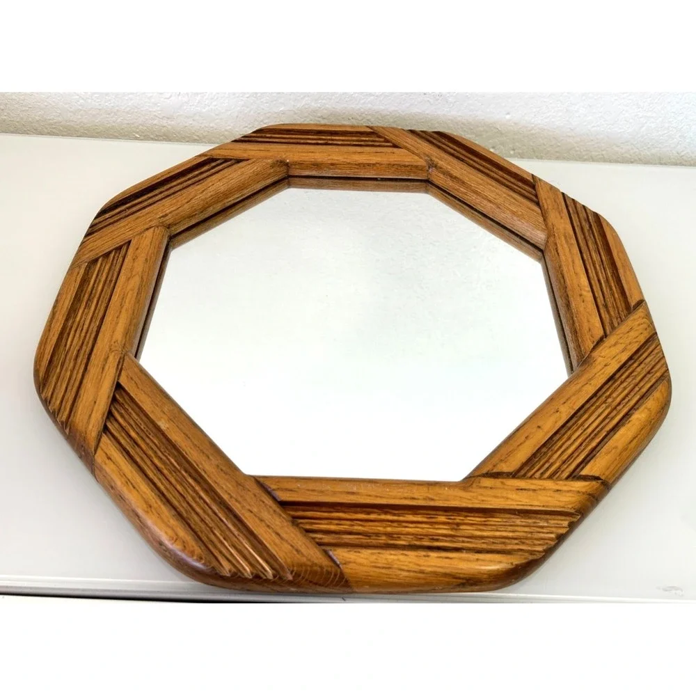 Vintage Mid Century Modern Walnut Octagon Wall Mirror 1970s Boho Wood Geometric